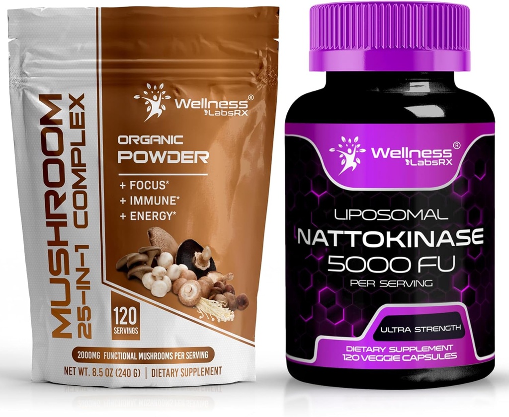 WELLNESS LABSRX Mushroom Powder 2000mg - Nattokinase Supplement Capsules - 5000 FU