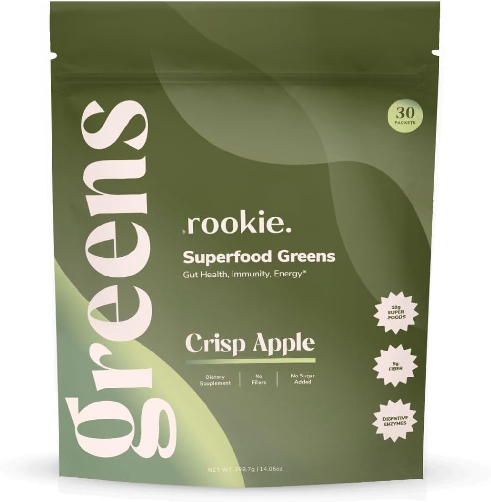 Rookie Wellness Greens + Superfoods - Greens Superfoods Powder Drink Made with Whole Food Sourced Ingredients Contains Vitamins, Probiotics, Antioxidants, and Baobab Fiber (30 Servings, Crisp Apple)