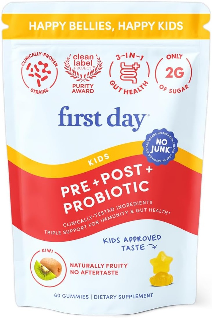 FIRST DAY Kids Probiotic Gummies - 3 in 1 Probiotics for Kids + Prebiotic & Postbiotic - Prebiotics & Probiotics for Digestive Health & Immune Support – Vegan, Gluten Free, 30-Day Supply