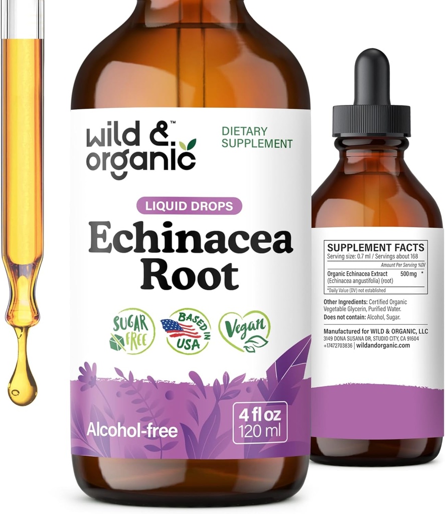 Wild & Organic Echinacea Drops - Immune Support Supplement with Echinacea Angustifolia - Liquid Root Extract Tincture - Vegan, Sugar & Alcohol-Free - 4 fl oz