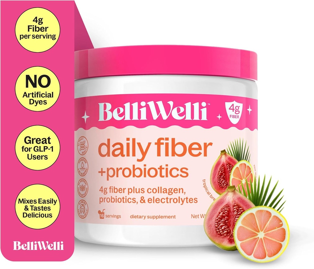 BelliWelli Fiber Supplement for Women & Men – Premium Daily Fiber Powder from Organic Acacia with Added Collagen, Electrolytes & Probiotics – No Bloat, Constipation & Gut Health Support (Tropical)