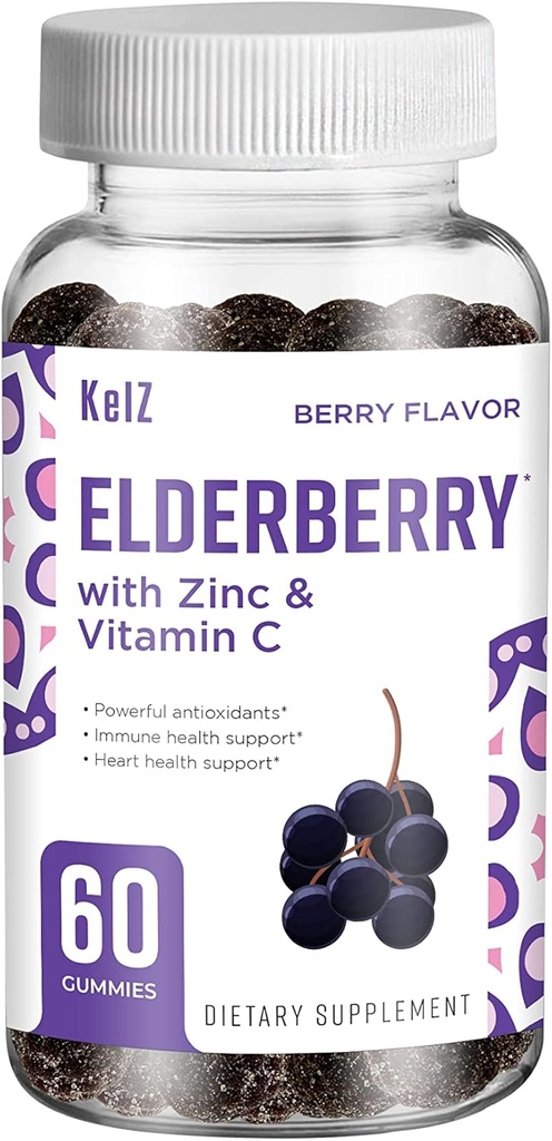 KelZ Elderberry with Zinc & Vitamin C Supplement Gummies, Berry Flavor, 60 Count (Pack of 1)