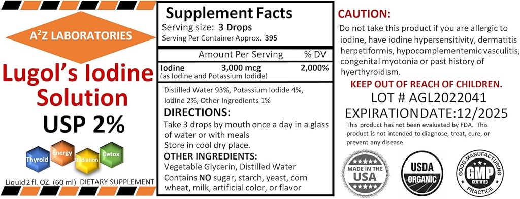 A2Z Organic Lugol's Iodine and Potassium Iodide 2% Solution 3000 mcg - Liquid Supplement Drops for Thyroid Support for Women & Men, Metabolism Health, Detox Boost -2 Fl Oz/Made in USA/Same Day Ship