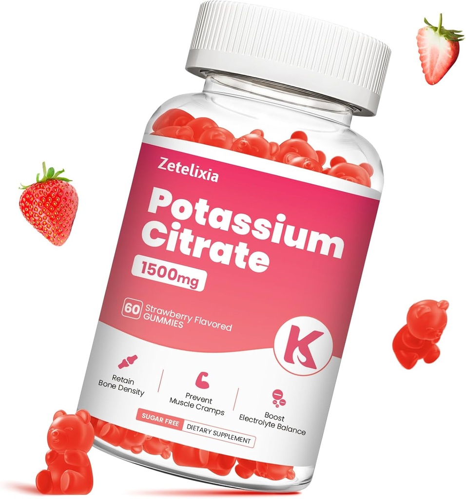 Potassium Gummies for Adults Women & Men, Potassium Citrate Supplement, Support Leg Cramps, Muscle Health & Electrolyte Balance, Sugar Free, Organic, Vegan, Strawberry, 60 Cts