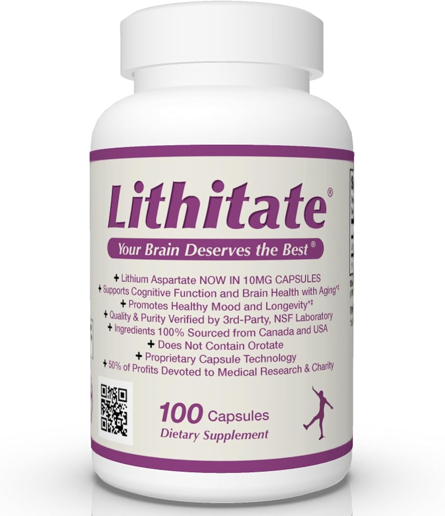 Lithium Aspartate 10mg | Supports Cognitive Function & Brain Health with Aging | NSF Certified | Promotes Mental Clarity, Healthy Mood & Longevity | Natural Supplement | 100 Capsules