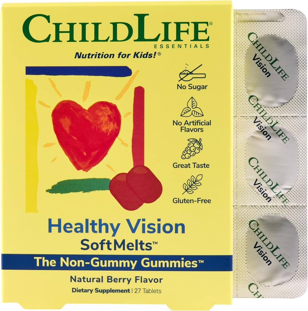 CHILDLIFE ESSENTIALS Healthy Vision SoftMelts - Eye Vitamins for Kids, Lutein Gummies, Lutein and Zeaxanthin Supplements, Eye Health Gummies, Lutein Children, Great Taste - Natural Berry, 27 Tablets