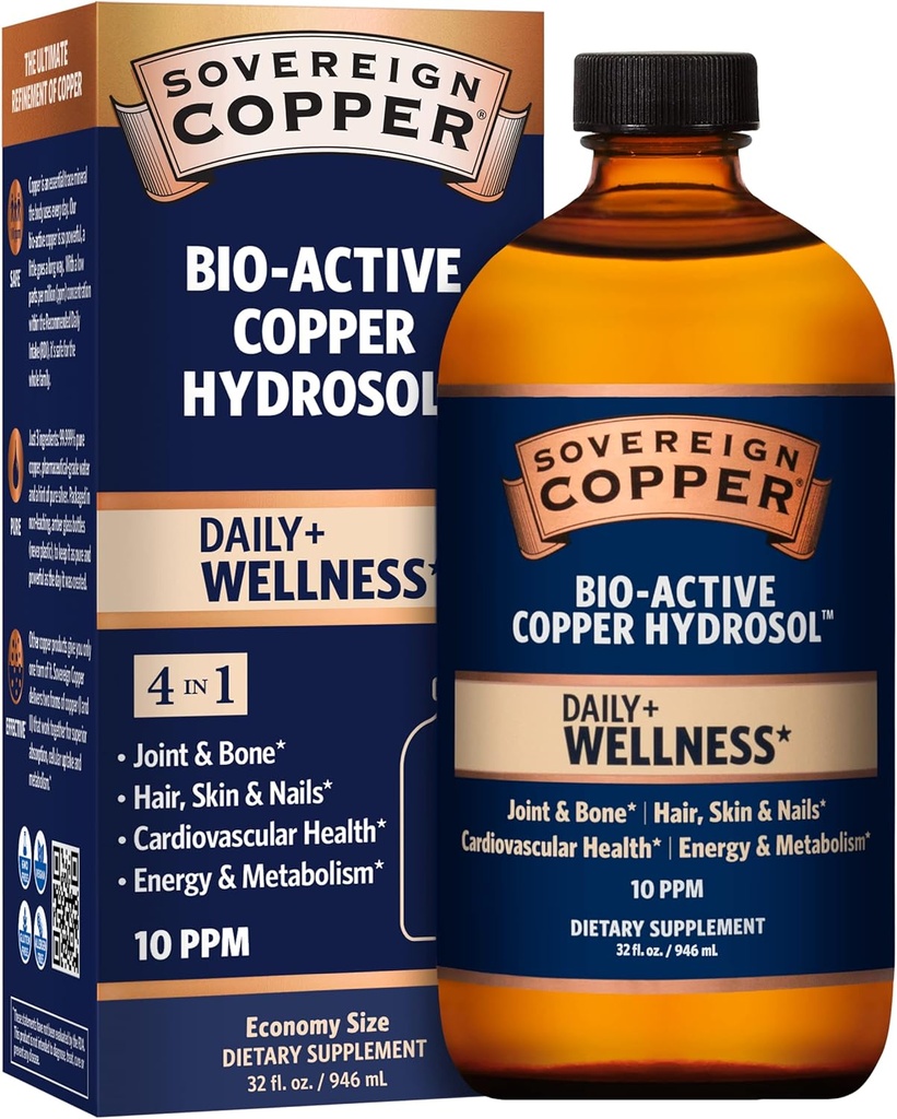Sovereign Bio-Active Copper Hydrosol - Bioavailable Copper Liquid Supplement for Adults and Kids with Silver Hydrosol for Hair, Skin, and Nails - 32 fl oz (946mL)