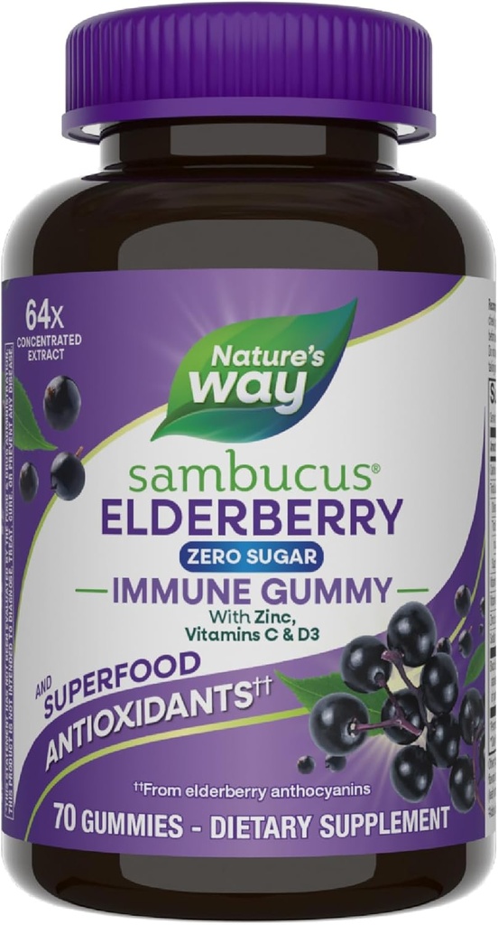 Nature's Way Sambucus Zero Sugar Immune Gummies, Daily Immune Support*, Black Elderberry Extract, Vitamin C, Vitamin D3, Zinc, Sugar Free, Sugar Alcohol Free, Plant-Based Sweeteners, 70 Gummies