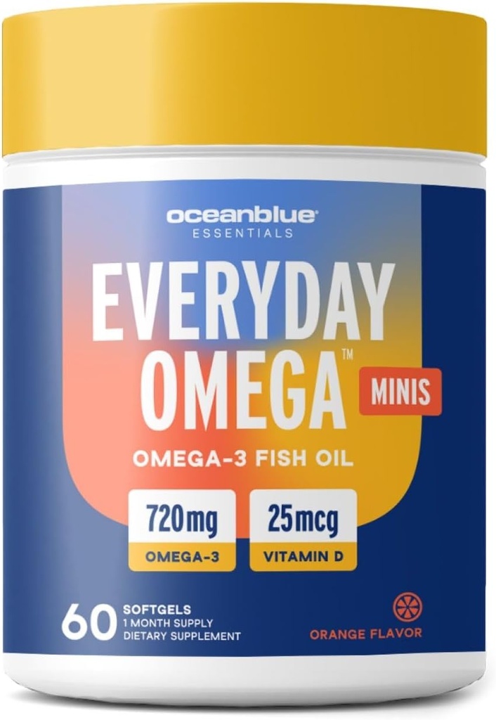 Oceanblue Omega 3 Supplement for Women | Burpless Fish Oil 720mg with Vitamin D3 | Small Pills Easy to Swallow Mini Softgels | Heart Immune Support Orange Flavor (60 Count Minicap)