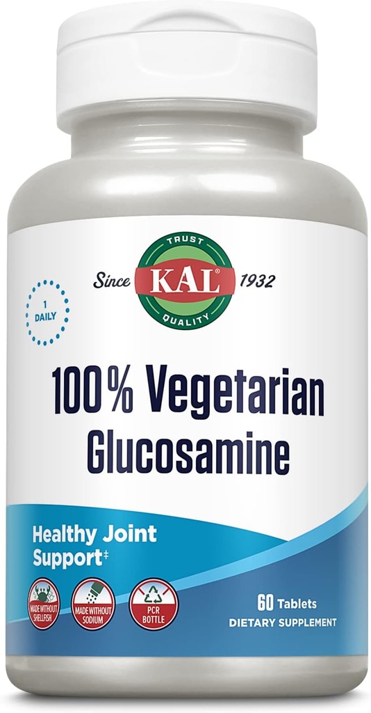 KAL 100% Vegetarian Glucosamine 1000 mg, Joint Health Supplement with Vegan Glucosamine HCl, Joint Support for Comfort and Mobility, Made Without Shellfish, 60-Day Guarantee, 60 Servings, 60 Tablets