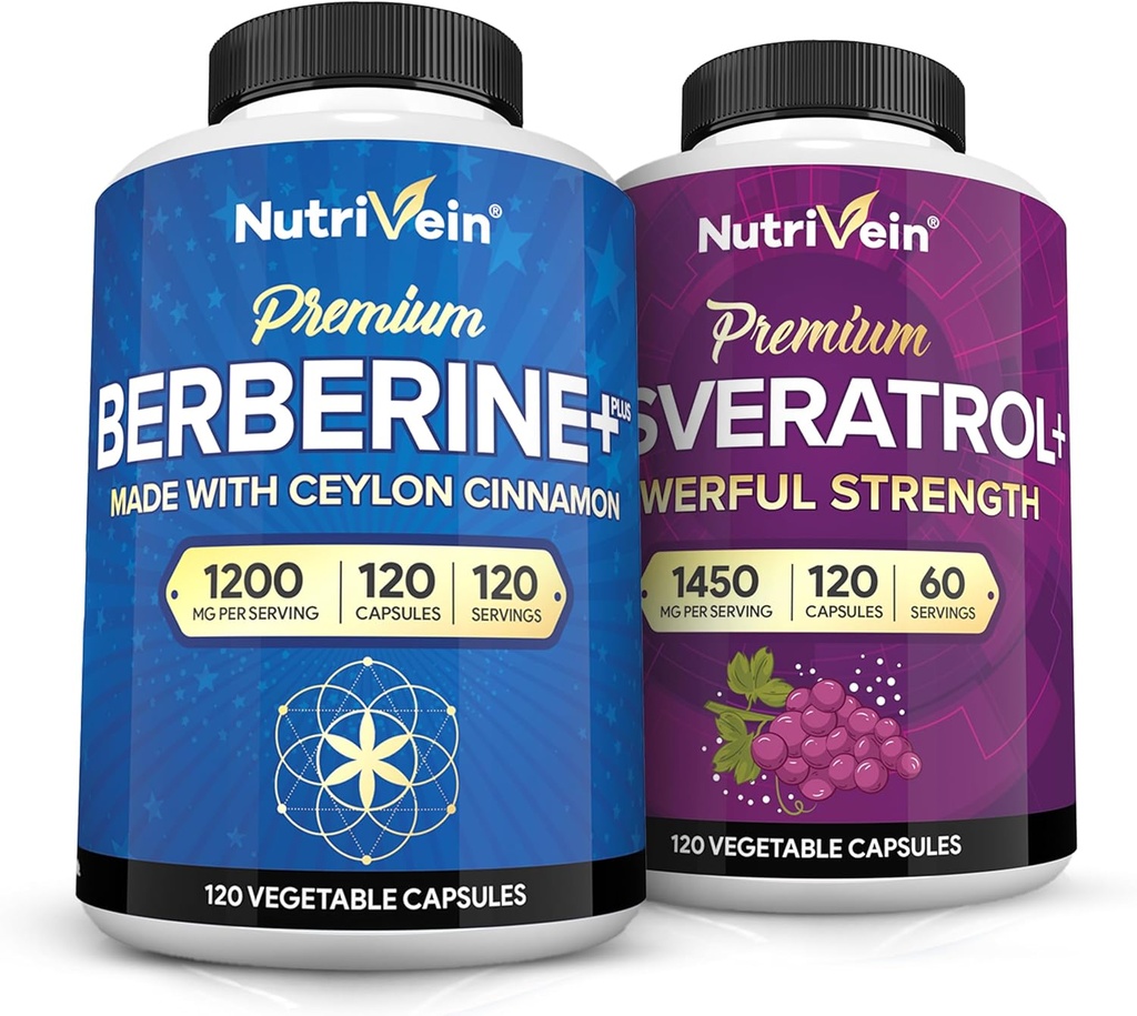 Nutrivein Premium Berberine 1200mg & Resveratrol Bundle - with Ceylon Cinnamon & Antioxidant with Acai Berry - Weight Management & Immune Plus Joint Support - Non-GMO, Vegan/Vegetarian - 120 Caps
