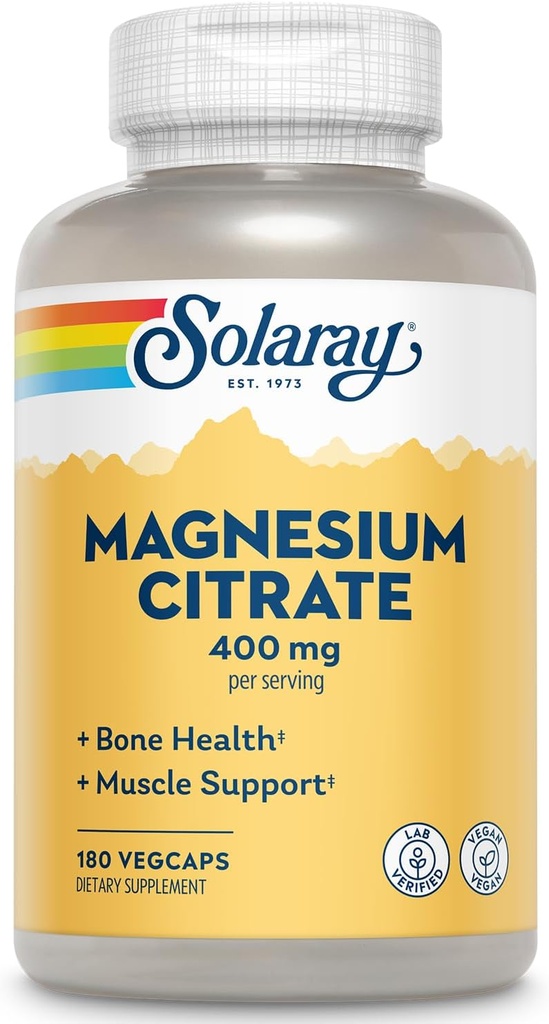 SOLARAY Magnesium Citrate 400mg - Magnesium Supplement - Bone Health, Muscle, Relaxation and Heart Health Support - Enhanced Absorption, Vegan, Gluten Free, 60-Day Guarantee, 60 Servings, 180 VegCaps