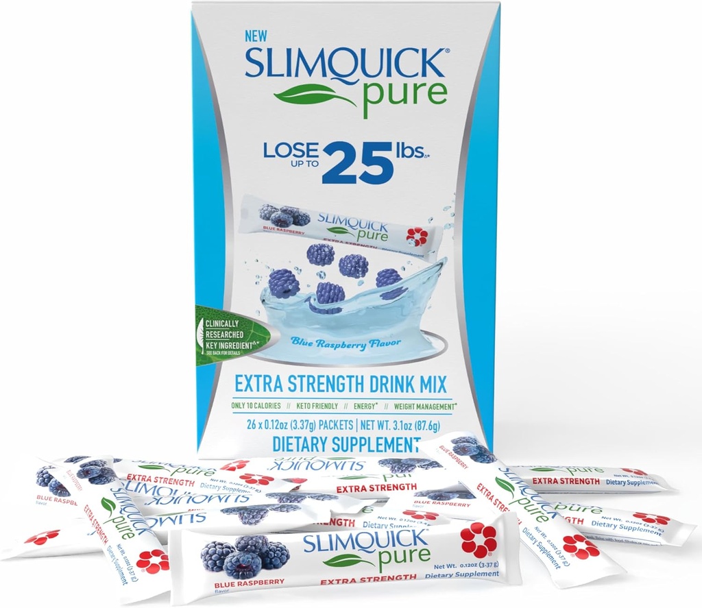 SlimQuick Pure 3X Extra Strength Drink Mix Packets, Metabolism and Weight Management for Women, Helps in Fat Breakdown, with Green Tea, Caffeine, Chaste Tree, Rhodiola - Blue Raspberry 26 Count