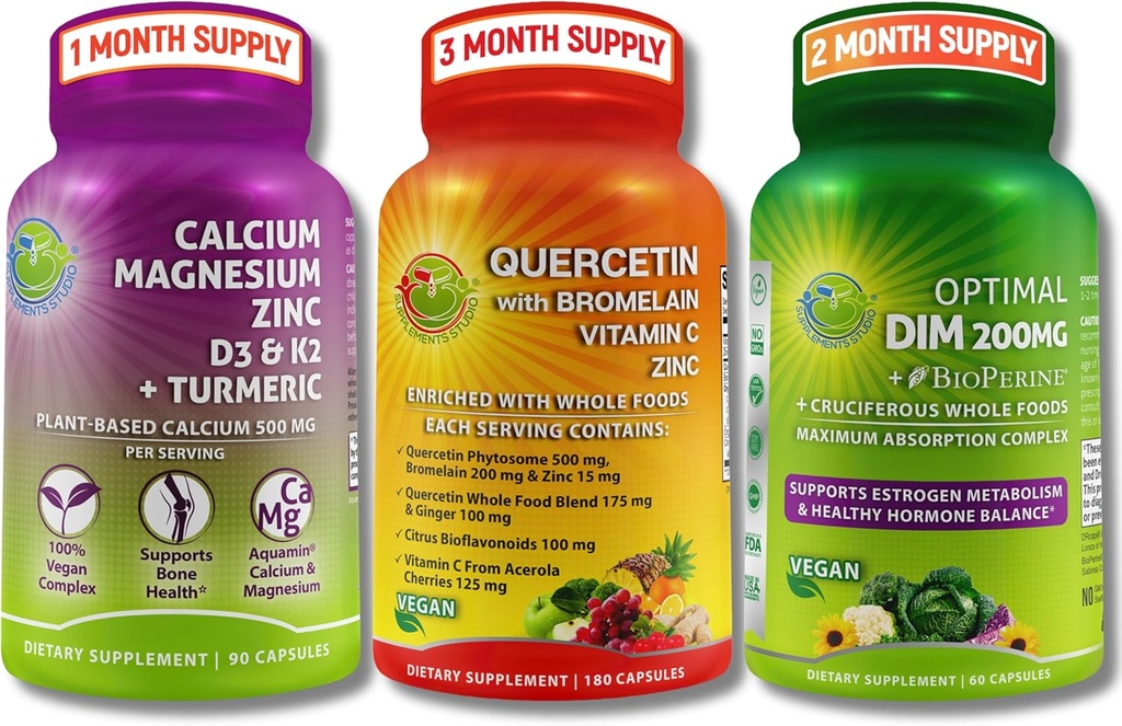 Vegan Bone, Immune, & Hormonal Support Trio – Plant-Based Calcium, Magnesium, Zinc + D3, K2 & Turmeric + Quercetin with Bromelain, Vitamin C, Zinc + DIM 200mg & BioPerine® in Delayed-Release Capsules