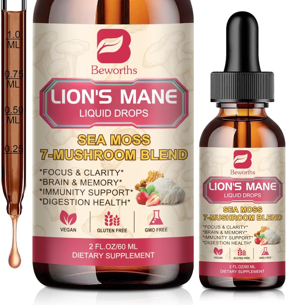 Lion's Mane Mushroom Liquid Drops, 2 Fl Oz, Sea Moss Complex, Memory & Focus, Immunity Boost