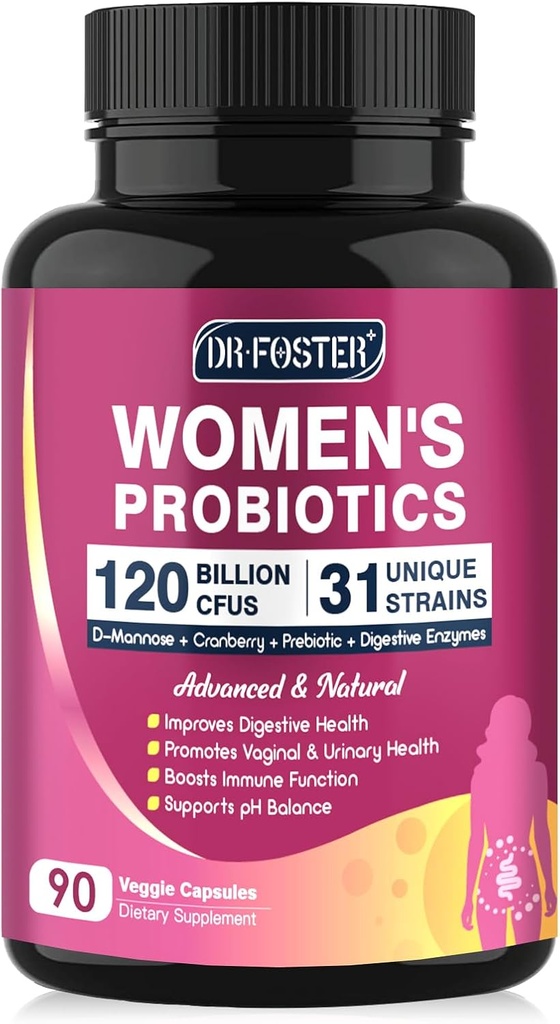 DRFOSTER Probiotics for Women Digestive Health, Vaginal probiotics 120 Billion CFU 31 Strains with Digestive Enzymes & Prebiotics & D Mannose & Cranberry for Urinary Tract, 90 Capsules
