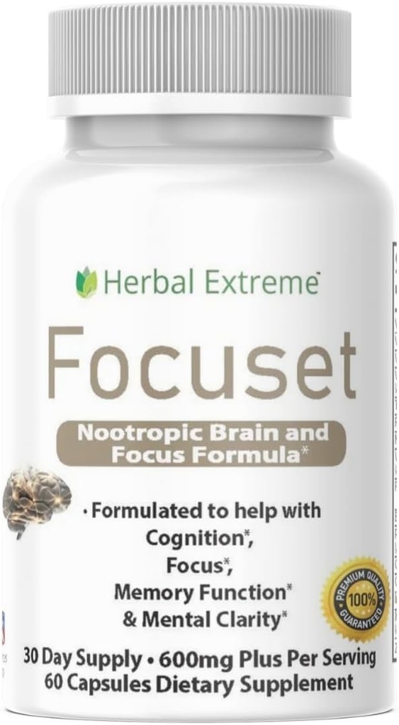 Focuset Nootropics Brain and Focus Formula. 90 Capsules Dimethylaminoethanol (DMAE Bitartrate), L-Glutamine, L-Tyrosine, GABA, Bacopa and More, White