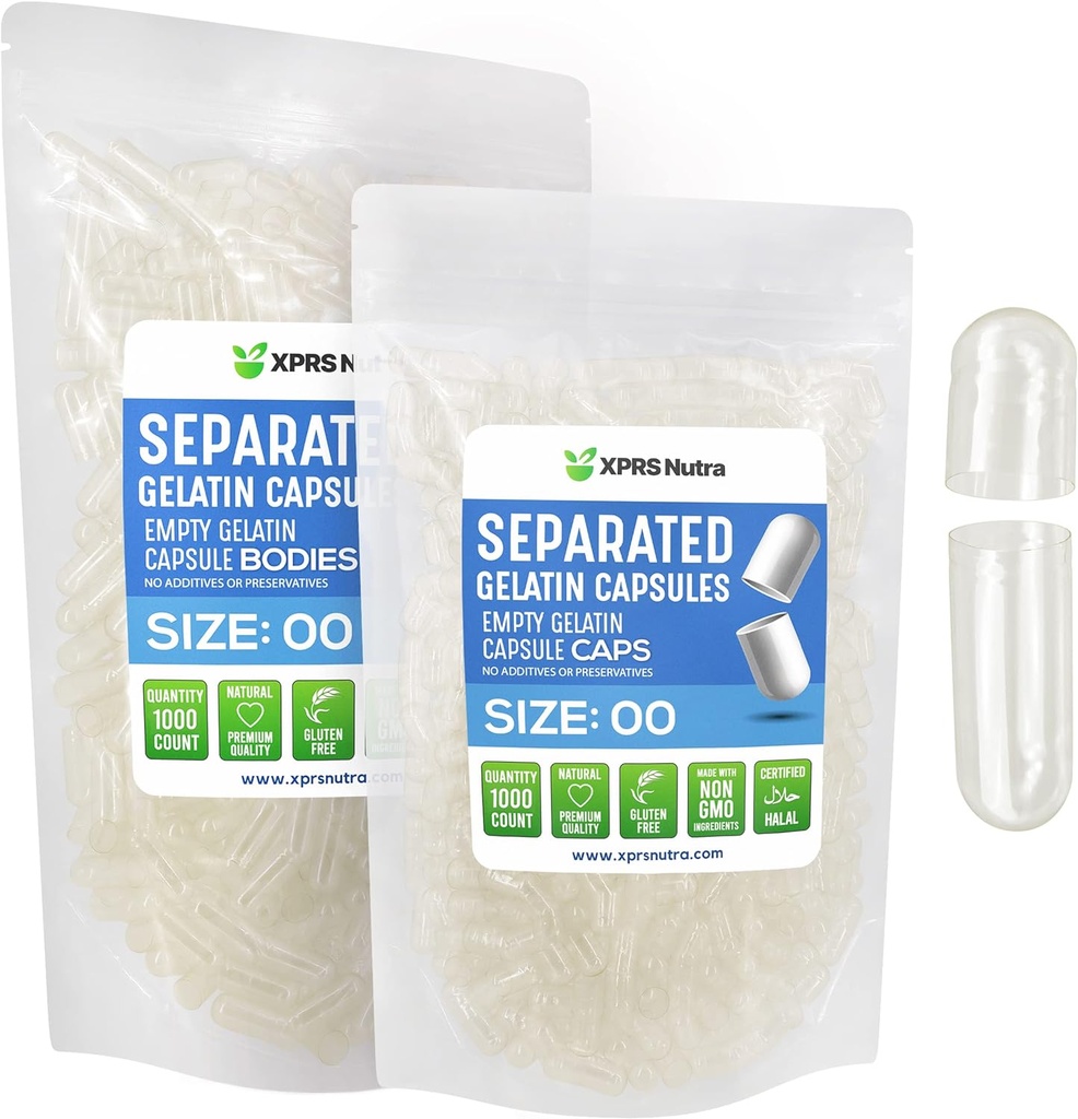XPRS Nutra Gelatin Size 00 Separated Capsules - 1000 Count Gelatin Empty Capsules Separated in Bags - Separated Empty 00 Capsules - Pill Capsules DIY