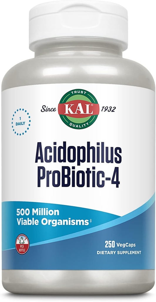 KAL Acidophilus ProBiotic-4, 500 Million CFUs, Four Probiotic Strains, Probiotics for Women and Men, Freeze Dried, L. acidophilus, L. bulgaricus, S. thermophilus, B. bifidum, 250 Servings, 250 VegCaps