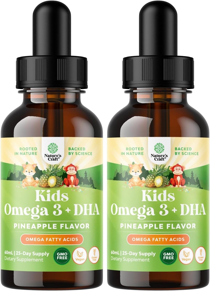 Kids DHA Omega 3 Drops - Fatty Acids Omega 3 6 9 for Brain, Immune Aid & Vision - Nutritional DHA for Kids for Healthy Nervous System & Focus Support - Liquid Supplement with EPA & ALA - 60 mL x2