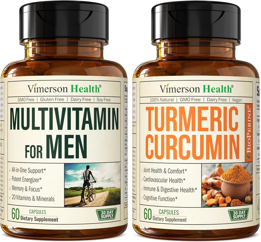 Vimerson Health Men's Multivitamin + Turmeric Curcumin with Black Pepper Extract Bundle. Joint and Immune Support, Discomfort Relief, Antioxidant Properties for Him