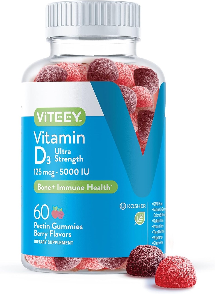 Viteey Vitamin D3 Gummies for Adults & Teens - 5,000 IU, 125mcg, Ultra Strength - Joint & Muscle Health, Immune Boost - Chewable Vitamin D Gummies - Vegetarian, Gelatin Free - Tasty Berry Flavored