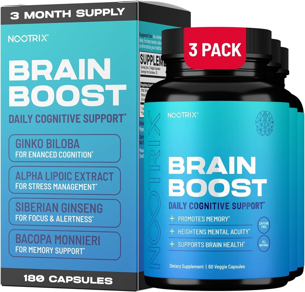Nootrix Brain Boost Nootropic Supplement | Supports Memory, Mental Focus, Cognitive Health & Energy | Promotes Healthy Mood & Brain Function | Ginkgo Biloba & DMAE | 180 Capsules
