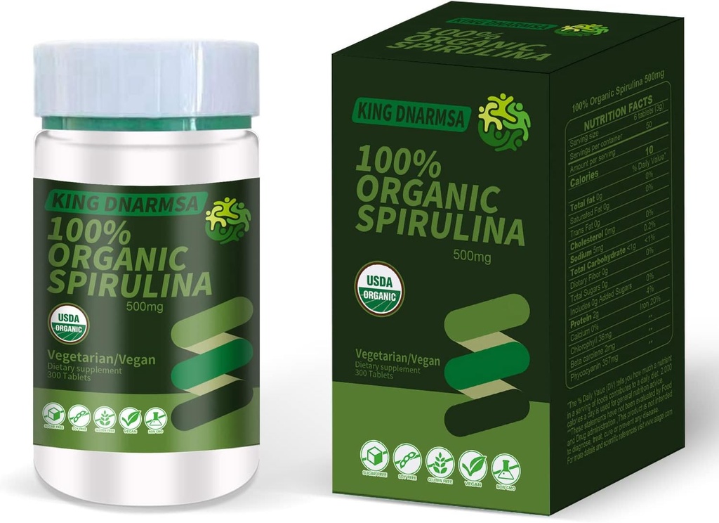 Certified 100% Organic Spirulina Tablets 500mg,300 Count,Rich in Beta-Carotene (Vitamin A) and B-12 with Naturally Occurring GLA,Vega Non-GMO-Superfood Supplement