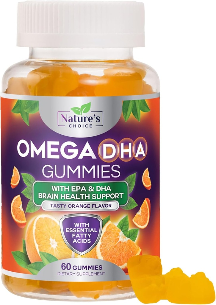Omega 3 Fish Oil Gummies - Triple Strength Omega3 Gummy - DHA & EPA Fatty Acids for Heart Health, Joint & Brain Support, Nature's High Absorption Omega Fish Oil Supplement, Orange Flavor- 60 Gummies