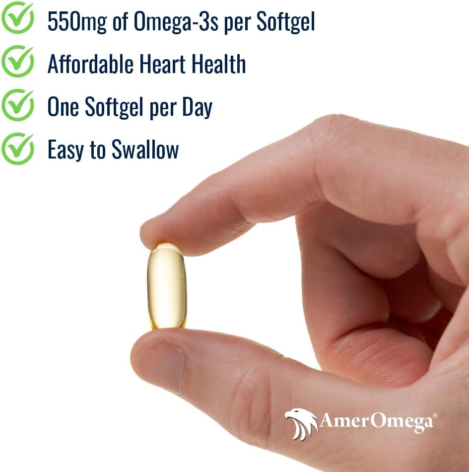 AmerOmega Triglyceride Omega-3 Fish Oil for Heart Health Support - Wild-Caught Alaskan Walleye Pollock - American-Sourced, American-Made - Non-GMO, Gluten-Free & Dairy-Free - 120 Softgels