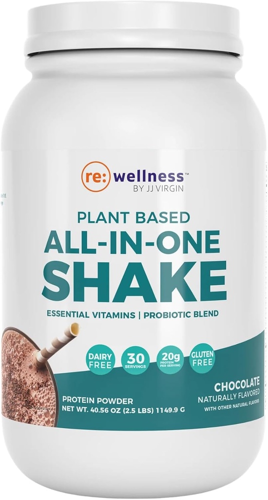 Reignite Wellness by JJ Virgin | Chocolate Plant-Based All-in-One Shake | New & Improved Formula | Plant Protein Powder, Vitamins, Minerals, Greens & Aminos | 20g of Plant Protein | 30 Servings