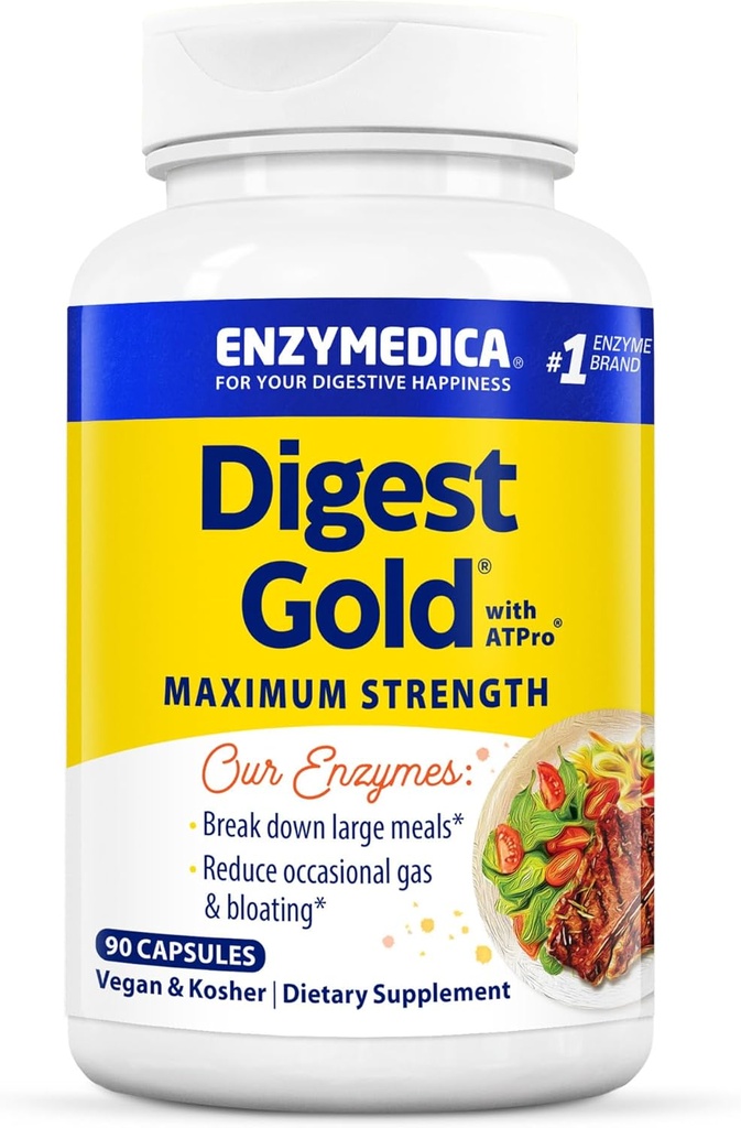 Enzymedica Digest Gold + ATPro, Maximum Strength, Fast-Acting, Helps Digest Large Meals, Alleviates Bloating and Gas, 90 Capsules