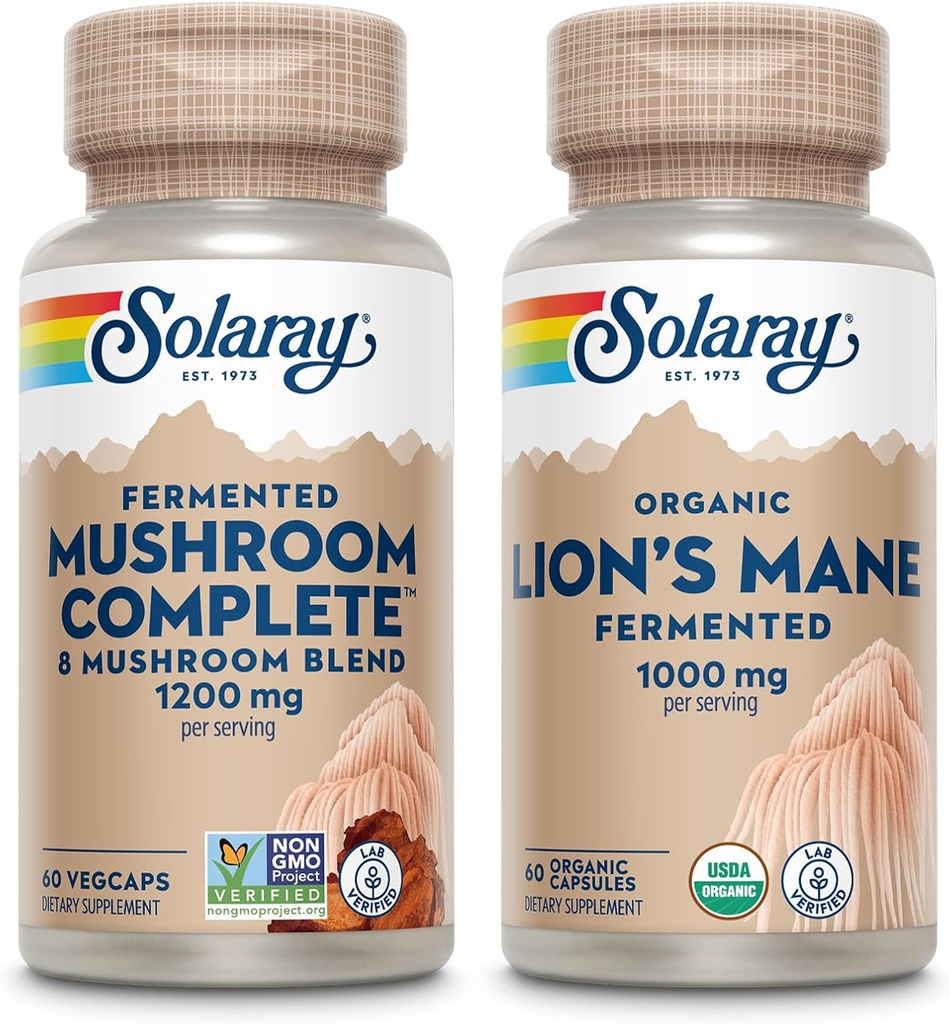 SOLARAY Mushroom Complete and Lions Mane Mushrooms Bundle - 8 Mushroom Supplement Plus Organic Lion’s Mane - Fermented for Enhanced Absorption and Whole Body Wellness, 60-Day Guarantee, 60 VegCaps Ea.