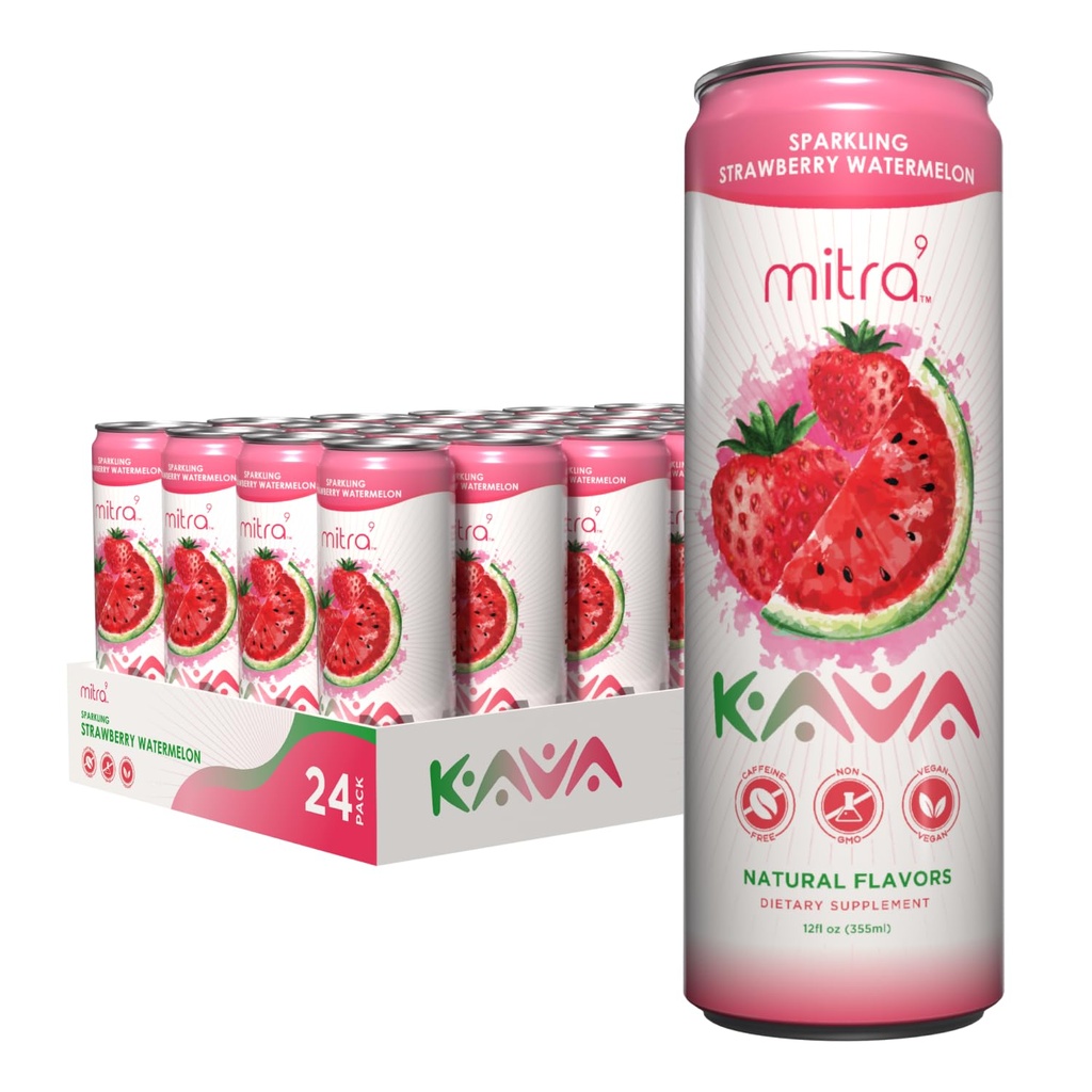 MITRA-9 Botanical Beverages - Strawberry Watermelon Sparkling Kava Drink With Kava Root Extract - Mood Enhancer - Plant Based - Promotes Natural Calm & Clarity (12 Fl. Oz) (24)