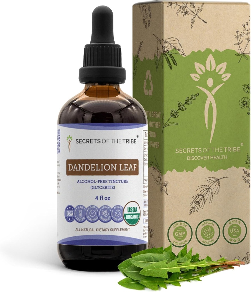 Secrets of the Tribe Dandelion Leaf USDA Organic | Alcohol-Free Extract, High-Potency Herbal Drops | Made from 100% Certified Organic Taraxacum Officinale Dried Leaf 4 fl oz