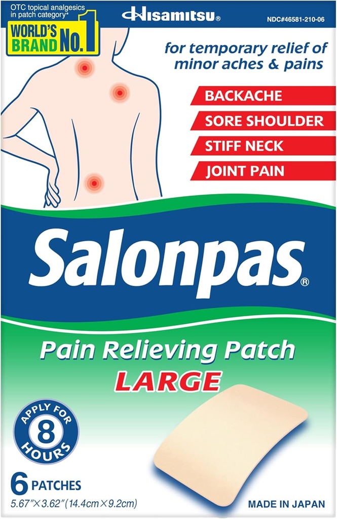 Salonpas Pain Relieving Patch, Large, 6 Count, for Back, Neck, Shoulder, Knee Pain and Muscle Soreness, 8 Hour Pain Relief