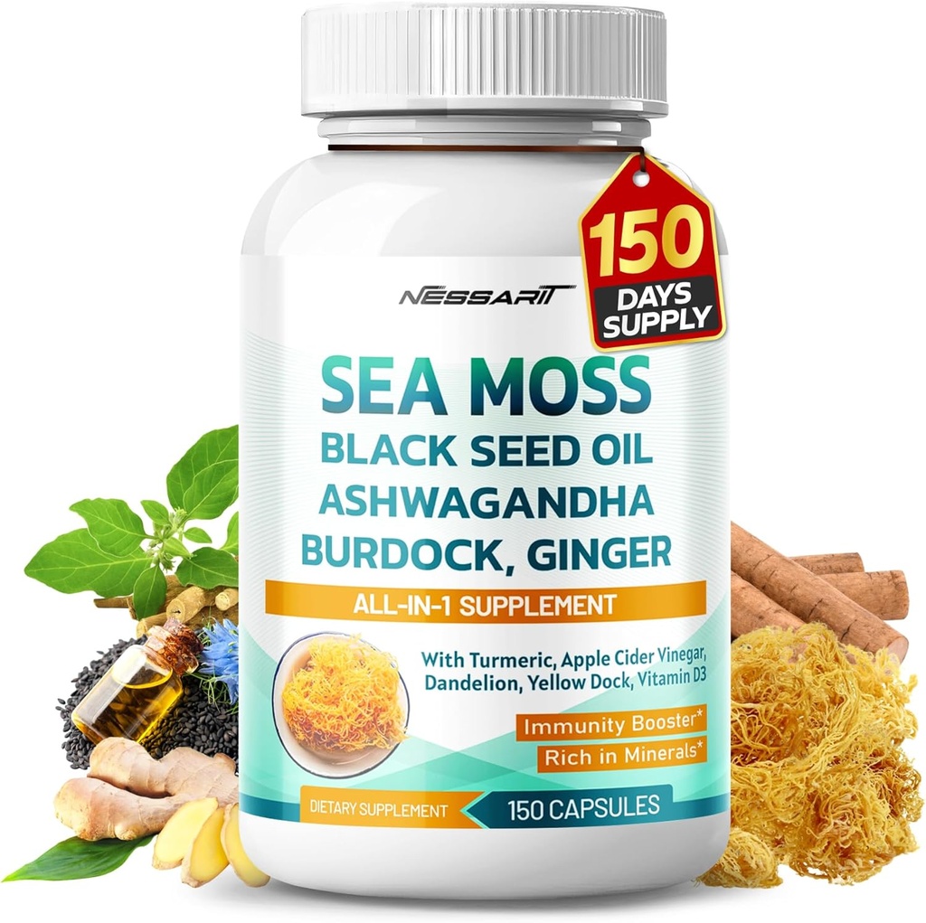 Sea Moss Supplement - 16-in-1 Natural Blend with Black Seed Oil Ashwagandha Burdock Bladderwrack Ginger Dandelion - 150 Count - Made & Tested in The USA