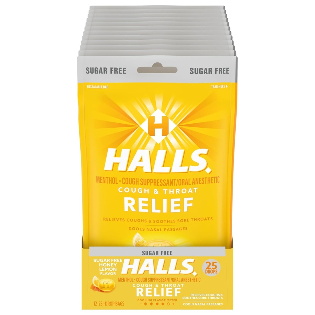 HALLS Relief Honey Lemon Sugar Free Cough Drops, 12 Bags of 25 Drops (300 Total Drops)