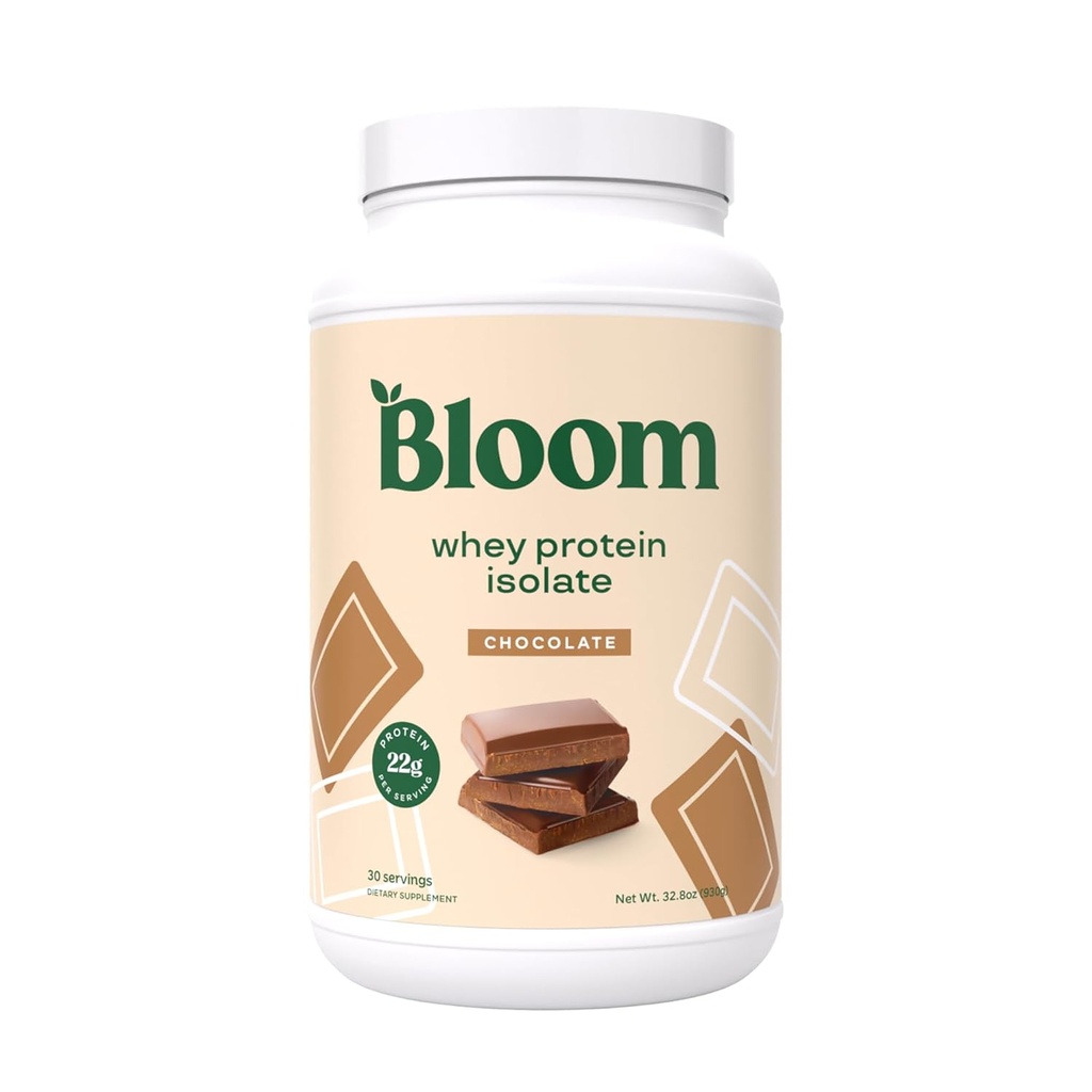 Bloom Nutrition Whey Isolate Protein Powder, Chocolate - Pure Iso Post Workout Recovery Drink Blend, Smoothie Mix with Digestive Enzymes for Gut Health - Low Carb, Keto & Zero Sugar Added