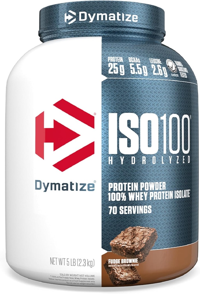 Dymatize ISO100 Whey Protein Powder Isolate, Fudge Brownie, 25g of Protein, 5 Pound, 5.5g BCAAs, Less Than 120 Cal., Gluten Free, 1g Fat, 1g Sugar, 2g Carb (70 Servings)