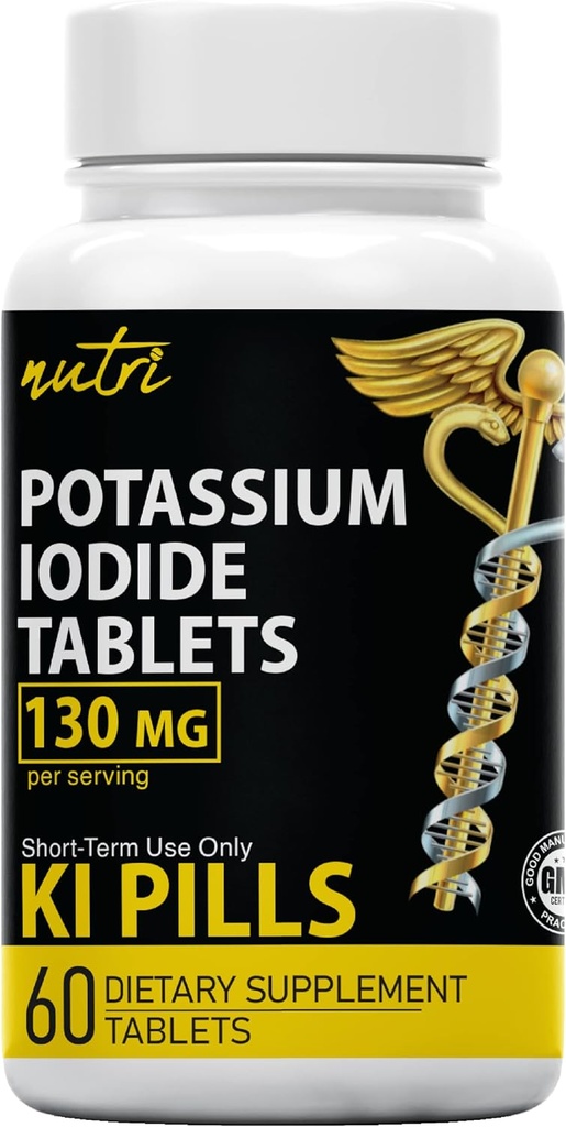 Potassium Iodide Tablets 130 mg - (60 Tablets) 10 Year Shelf-Life EXP 2034 to 2035 - Ki Pills - Yoduro de potasio - Nutri Supplements - 3rd Party Tested - NSF cGMP Certified Facility - Shelf Stable