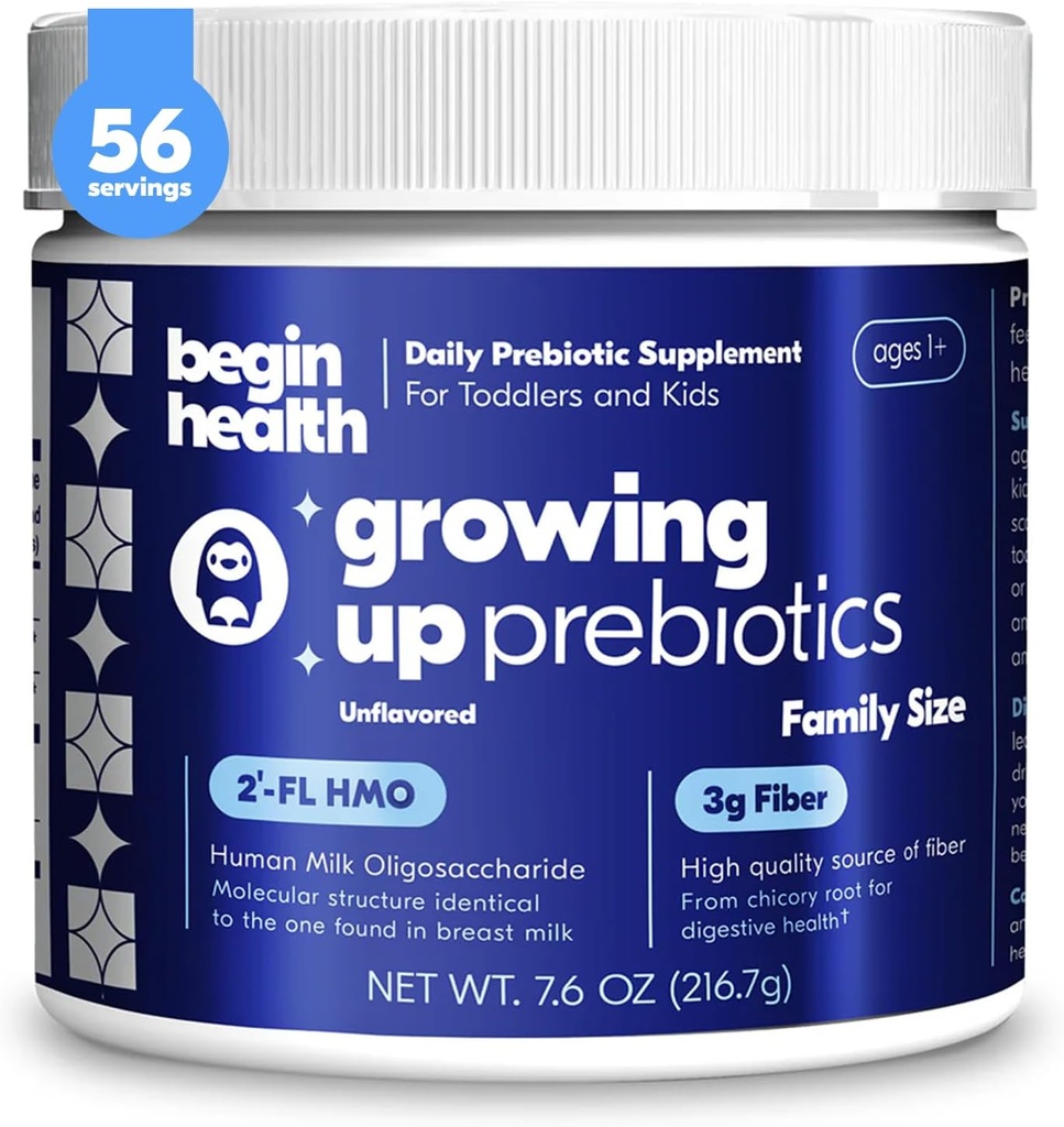 Begin Health Growing Up Prebiotics for Kids 56-Packs | Prebiotic Soluble Powder Stool Softeners and Digestive Gut Health Supplement | Ideal to Mix with Kids Daily Beverages and Soft Foods - Unflavored