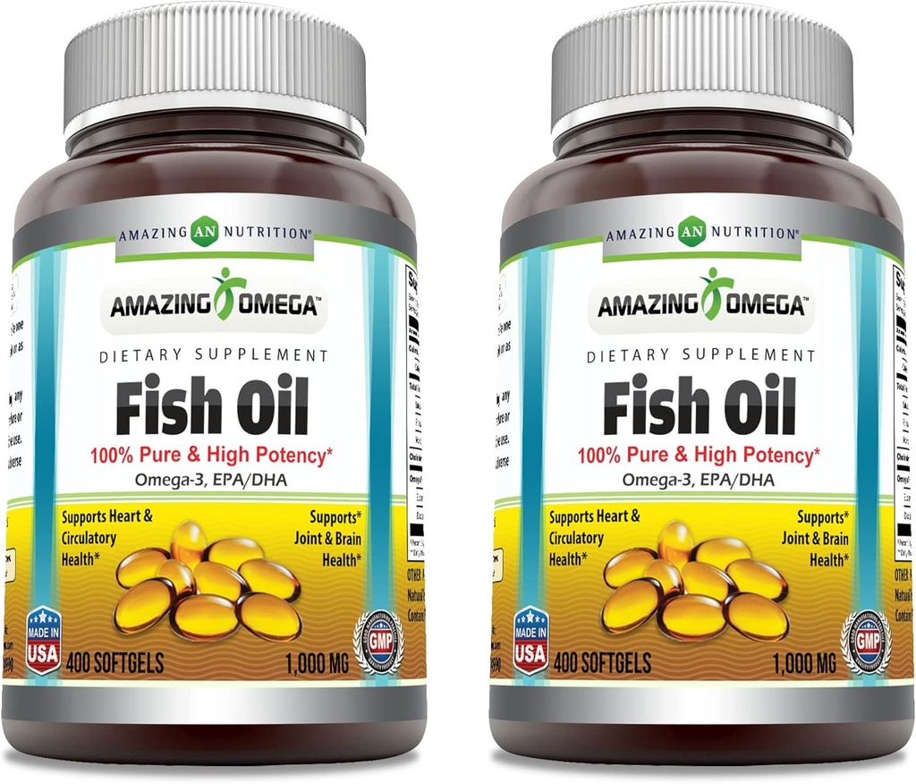 Amazing Omega Fish Oil 1000 mg Softgels Supplement | Omega-3, 180 mg EPA. 120 mg DHA | High Potency (400 Count | 2 Pack)