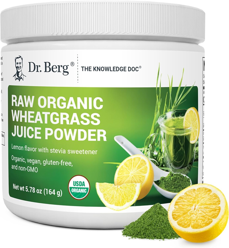 Dr. Berg USDA Certified Organic Green Powder Superfood (60 Servings) - Made with Raw Wheatgrass, Chlorophyll, Trace Minerals & Natural Enzymes - Non-GMO Green Superfood Powder - Lemon Flavor