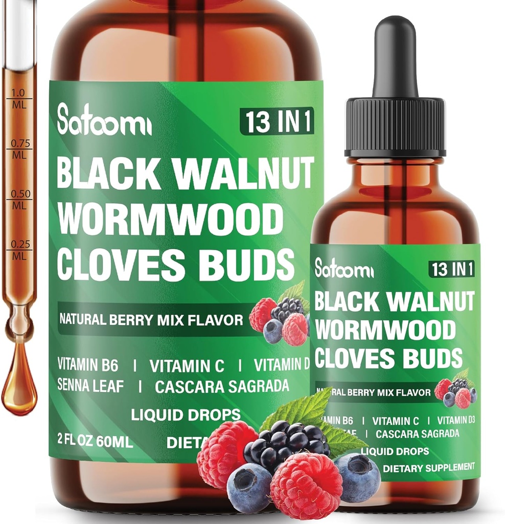 Satoomi 13in1 Black Walnut Liquid Drops with Wormwood, Cloves, Vitamin B6, Vitamin C, Vitamin D, Senna, Cascara Sagrada and 5 More - 2 Fl Oz for 60 Days - Berry Mix Flavor