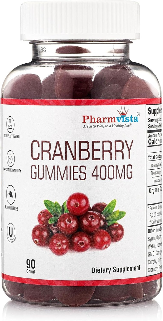 Cranberry Gummies for Kids & Adults 400mg-Gluten Free Allergen Free Nutrient Rich Vegan Supplement -Cranberry Chews-90 Count