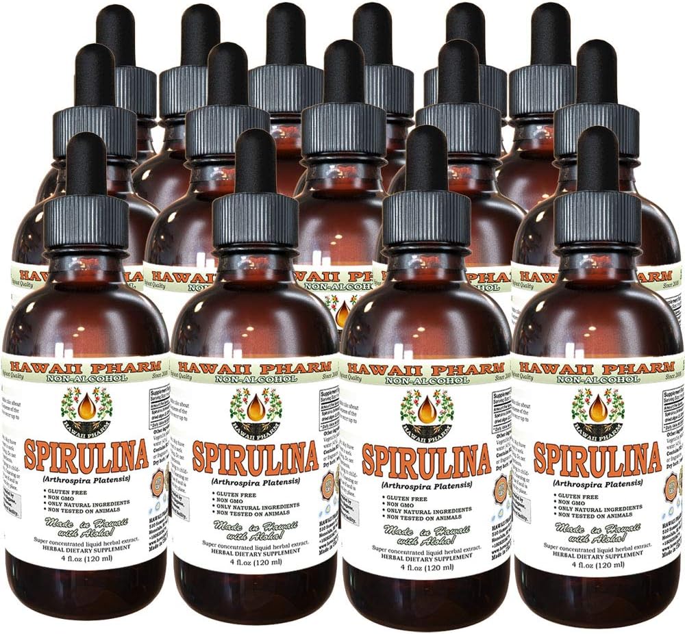 Spirulina Alcohol-Free Liquid Extract, Organic Spirulina (Arthrospira platensis) Dried Algae Glycerite Natural Herbal Supplement, Hawaii Pharm, USA 15x4 fl.oz