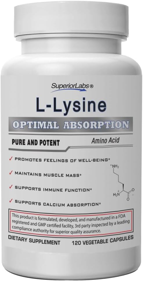 Superior Labs L-Lysine 500 mg Capsules, Pure Non-GMO, Third-Party Tested, No Fillers, Gluten Free, Supports Immune System, Promotes Calcium Absorption, 120 Caps