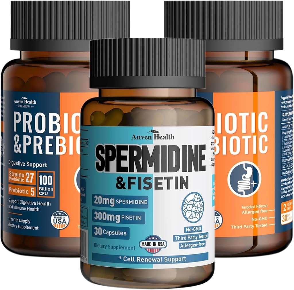 Gut Health & Anti-Aging Bundle: 2 Bottles of 100 Billion Probiotics + 1 Bottle of Spermidine & Fisetin for Digestive Support, Longevity & Healthy Aging