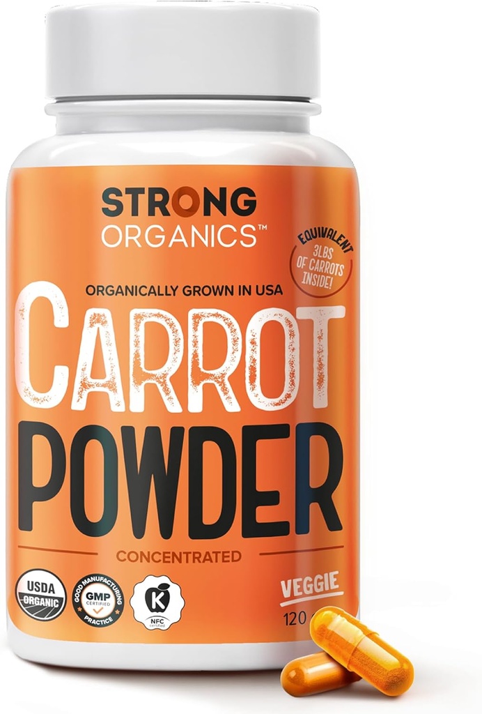 USDA Organic Carrot Powder Capsules (120), Grown in USA, Cold Pressed, Eye Support, Beta Carotene, Vitamin A, Carotenoids, Antioxidants,106°F Max, Vegan, Kosher-2 Months Supply